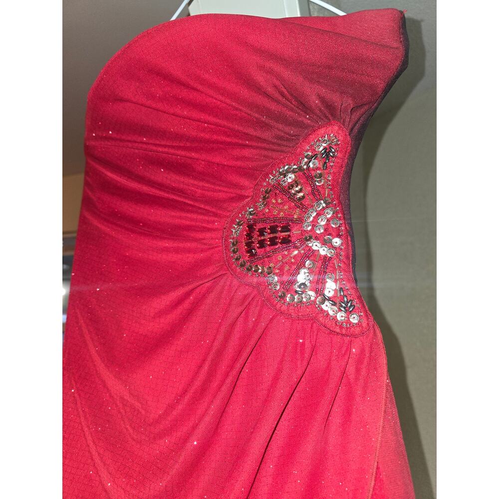 Teeze Me Red High-Low Dress Strapless Beaded Formal Prom Cocktail Evening Gown - Picture 12 of 13